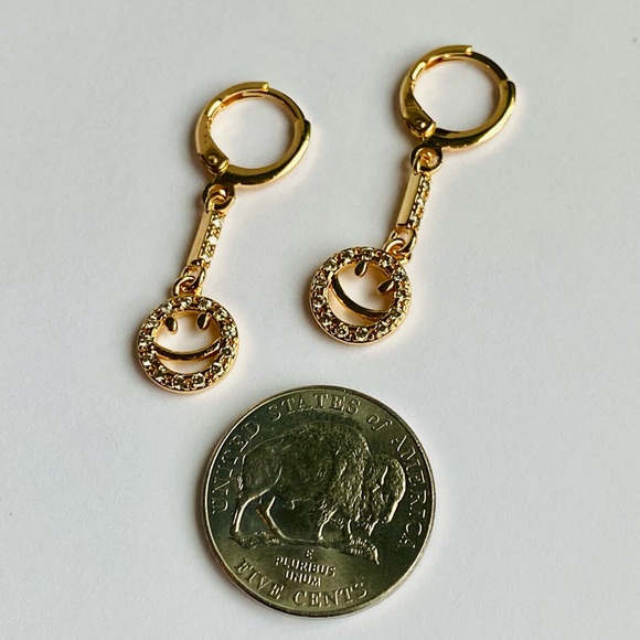 18K Gold Filled Smile Hoop Dangle Drop Earring Clear Cubic Zircon CZ Smiley - Picture 9 of 14